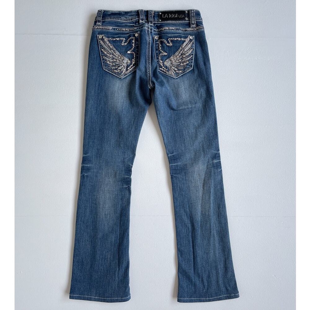 Vtg Y2K LA IDOLS Rhinestone Wing Low Rise Blue Flared Denim Jeans Size 5 29 x 34